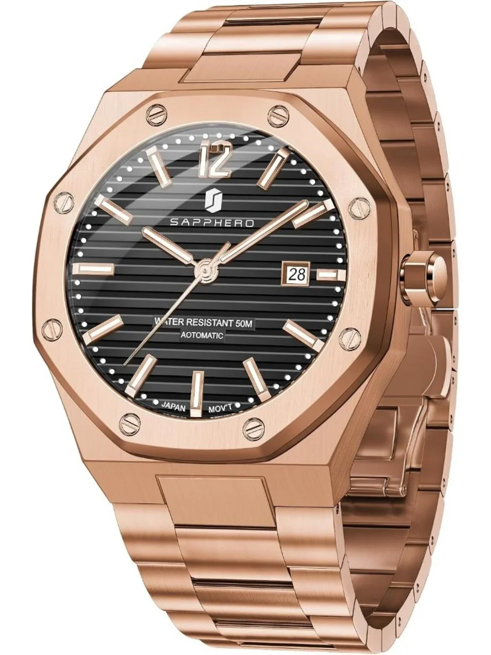 Men's Rose Gold Strap / Black Face Chronograph Stainless Steel Waterproof Watch